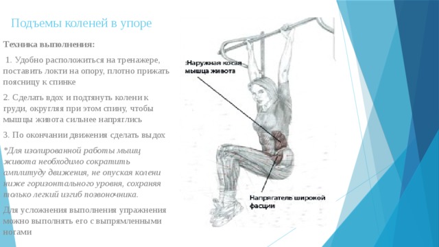 Подъемы коленей в упоре   Техника выполнения:   1. Удобно расположиться на тренажере, поставить локти на опору, плотно прижать поясницу к спинке 2. Сделать вдох и подтянуть колени к груди, округляя при этом спину, чтобы мышцы живота сильнее напряглись 3. По окончании движения сделать выдох *Для изолированной работы мышц живота необходимо сократить амплитуду движения, не опуская колени ниже горизонтального уровня, сохраняя только легкий изгиб позвоночника. Для усложнения выполнения упражнения можно выполнять его с выпрямленными ногами 