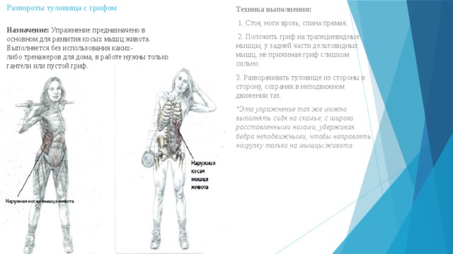 Развороты туловища с грифом   Техника выполнения:   1. Стоя, ноги врозь, спина прямая.  2. Положить гриф на трапециевидные мышцы, у задней части дельтовидных мышц, не прижимая гриф слишком сильно 3. Разворачивать туловище из стороны в сторону, сохраняя в неподвижном движении таз. *Это упражнение так же можно выполнять сидя на скамье, с широко расставленными ногами, удерживая бедра неподвижными, чтобы направлять нагрузку только на мышцы живота. Назначение:  Упражнение предназначено в основном для развития косых мышц живота. Выполняется без использования каких-либо тренажеров для дома, в работе нужны только гантели или пустой гриф. 
