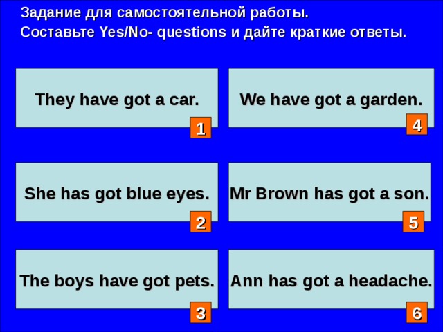 Задание для самостоятельной работы. Составьте Yes/No- questions и дайте краткие ответы. They have got a car. We have got a garden. 4 1 She has got blue eyes. Mr Brown has got a son. 2 5 The boys have got pets.  Ann has got a headache.  3 6 