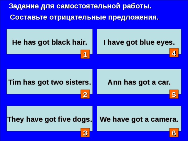 Задание для самостоятельной работы. Составьте отрицательные предложения. He has got black hair. I have got blue eyes. 4 1 Tim has got two sisters. Ann has got a car. 2 5 They have got five dogs.  We have got a camera.  3 6 