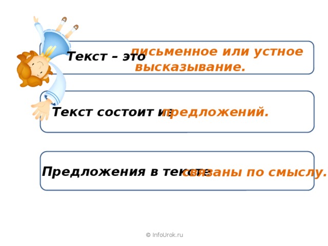 письменное или устное  высказывание. Текст – это Текст состоит из предложений. Предложения в тексте связаны по смыслу. © InfoUrok.ru 