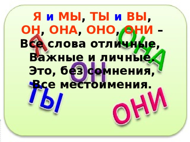 Я  и  МЫ , ТЫ  и  ВЫ , ОН , ОНА , ОНО , ОНИ – Все слова отличные, Важные и личные. Это, без сомнения, Все местоимения. 