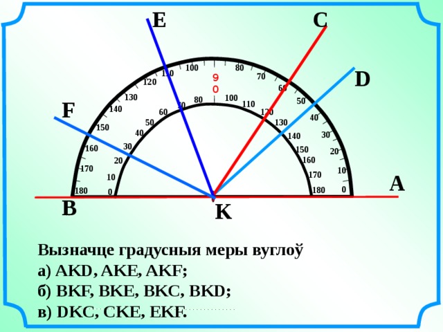 E C 100 80 D 110 70 90 120 60 130 100 80 50 F 110 70 140 120 60 40 130 50 150 40 30 140 30 160 150 20 160 20 170 10 А 170 10 0 180  180 0 B K № 1 620 .  Математика 5 класс. Н.Я.Виленкин. Вызначце градусныя меры вуглоў a) AKD, AKE, AKF; б) BKF, BKE, BKC, BKD; в) DKC, CKE, EKF. 12 