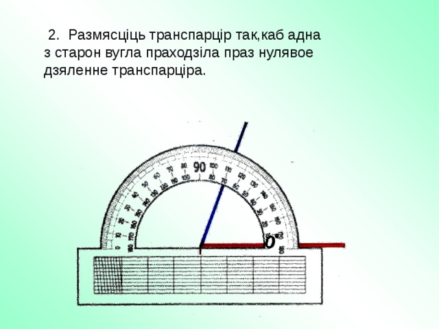 2. Размясціць транспарцір так,каб адна з старон вугла праходзіла праз нулявое дзяленне транспарціра. 