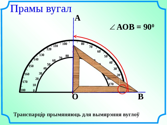 Прамы вугал А АОВ = 9 0 0 100 80 110 70 90 120 60 130 100 80 50 110 70 140 60 120 40 130 50 150 40 30 140 30 160 150 20 160 20 170 10 170 10 0 180  180 0 В О Транспарцір пры мяняюць для вымярэння вуглоў 