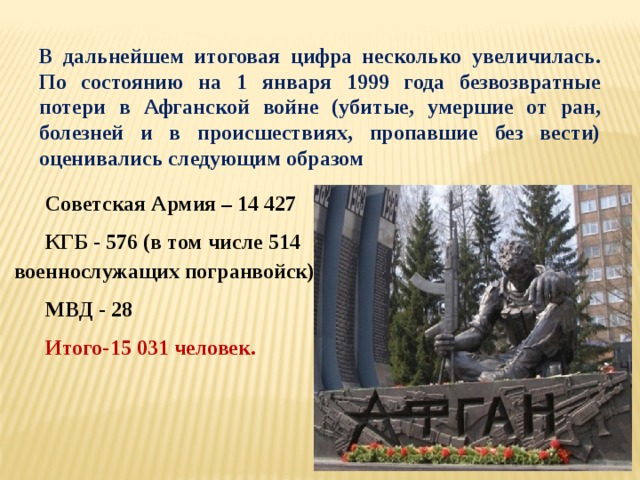      Советская Армия – 14 427 КГБ - 576 (в том числе 514 военнослужащих погранвойск) МВД - 28 Итого-15 031 человек. В дальнейшем итоговая цифра несколько увеличилась. По состоянию на 1 января 1999 года безвозвратные потери в Афганской войне (убитые, умершие от ран, болезней и в происшествиях, пропавшие без вести) оценивались следующим образом 