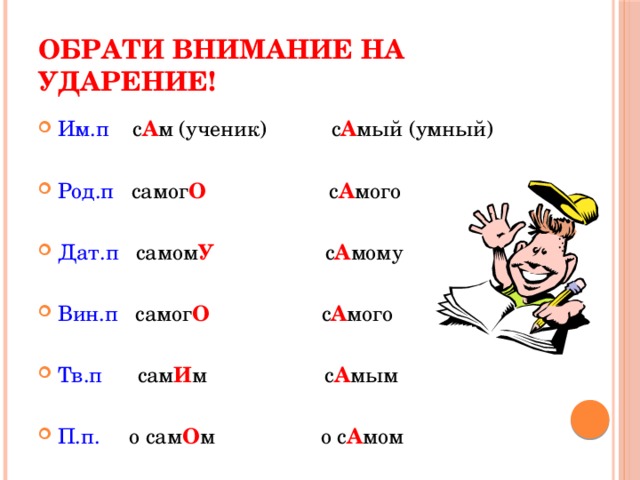 Обрати внимание на ударение! Им.п с А м (ученик) с А мый (умный) Род.п самог О с А мого Дат.п самом У  с А мому Вин.п самог О  с А мого Тв.п сам И м с А мым П.п. о сам О м о с А мом 