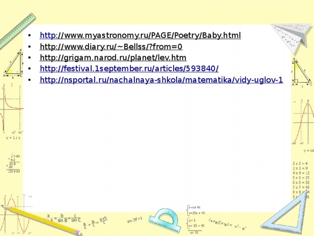 http ://www.myastronomy.ru/PAGE/Poetry/Baby.html  http://www.diary.ru/~Bellss/?from=0  http://grigam.narod.ru/planet/lev.htm  http://festival.1september.ru/articles/593840/ http://nsportal.ru/nachalnaya-shkola/matematika/vidy-uglov-1