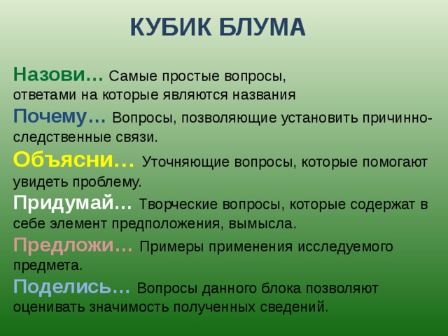КУБИК БЛУМА Назови…  Самые простые вопросы, ответами на которые являются названия Почему…  Вопросы, позволяющие установить причинно-следственные связи. Объясни… Уточняющие вопросы, которые помогают увидеть проблему. Придумай… Творческие вопросы, которые содержат в себе элемент предположения, вымысла. Предложи… Примеры применения исследуемого предмета. Поделись… Вопросы данного блока позволяют оценивать значимость полученных сведений. 