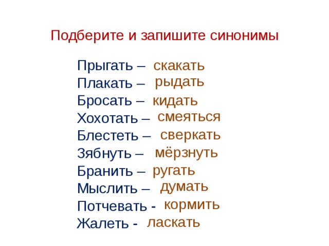 Подберите и запишите синонимы скакать  Прыгать –  Плакать –  Бросать –  Хохотать –  Блестеть –  Зябнуть –  Бранить –  Мыслить –  Потчевать -  Жалеть - рыдать кидать смеяться сверкать мёрзнуть ругать думать кормить ласкать 