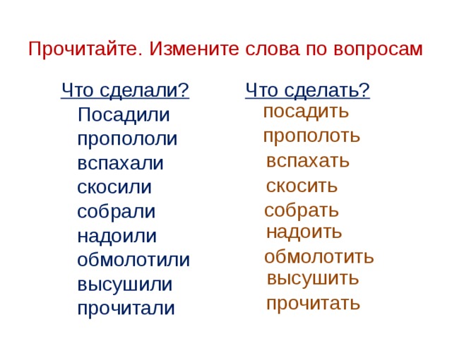 Прочитайте. Измените слова по вопросам  Что сделали?  Что сделать?  Посадили  пропололи  вспахали  скосили  собрали  надоили  обмолотили  высушили  прочитали посадить прополоть вспахать скосить собрать надоить обмолотить высушить прочитать 