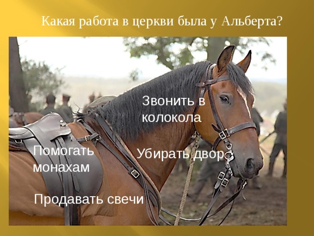 Какая работа в церкви была у Альберта? Звонить в колокола Убирать двор Помогать монахам Продавать свечи 