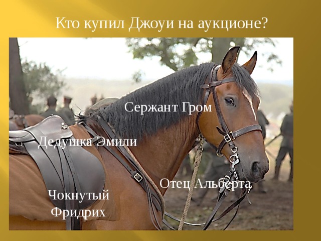 Кто купил Джоуи на аукционе? Сержант Гром Дедушка Эмили Отец Альберта Чокнутый Фридрих 