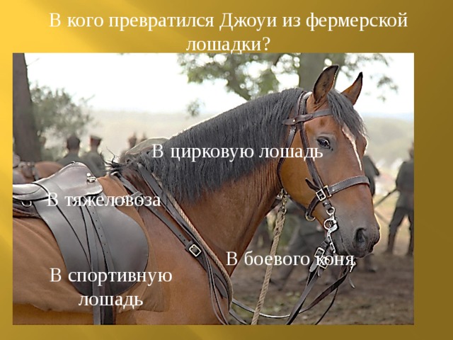 В кого превратился Джоуи из фермерской лошадки? В цирковую лошадь В тяжеловоза В боевого коня В спортивную лошадь 