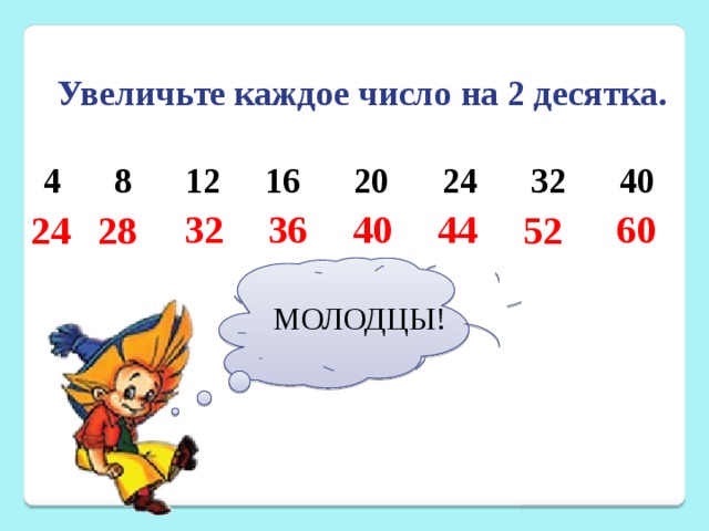  Увеличьте каждое число на 2 десятка.  4 8 12 16 20 24 32 40  32 36 40 44 60 24 28 52 МОЛОДЦЫ! 