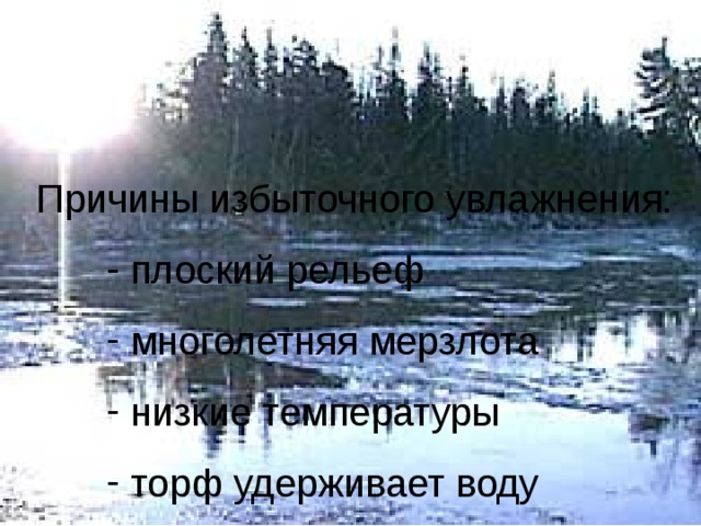 Причины избыточного увлажнения:  плоский рельеф  многолетняя мерзлота  низкие температуры  торф удерживает воду  плоский рельеф  многолетняя мерзлота  низкие температуры  торф удерживает воду  плоский рельеф  многолетняя мерзлота  низкие температуры  торф удерживает воду 