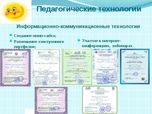 Педагогические технологии Информационно-коммуникационные технологии Создание мини-сайта; Размещение электронного портфолио; Участие в интернет-конференциях, вебинарах 20 