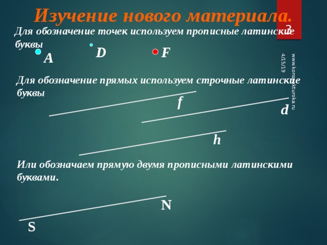 Изучение нового материала. 4/15/19 www.konspekturoka.ru 3 Для обозначение точек используем прописные латинские буквы F D A Для обозначение прямых используем строчные латинские буквы f d h Или обозначаем прямую двумя прописными латинскими буквами. N S 3 