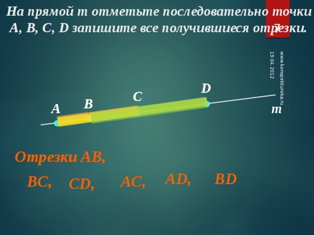 На прямой т отметьте последовательно точки  A, B, C, D запишите все получившиеся отрезки. 19.04.2012 www.konspekturoka.ru 6 D C B A m  Отрезки AB, BD AD, AC, BC, СD, 7 