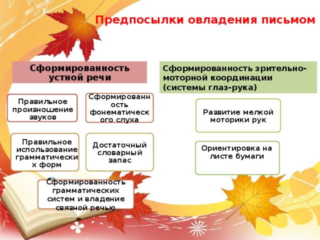 Предпосылки овладения письмом Сформированность зрительно-моторной координации (системы глаз-рука) Сформированность устной речи Сформированность фонематического слуха Правильное произношение звуков Развитие мелкой моторики рук Достаточный словарный запас Правильное использование грамматических форм Ориентировка на листе бумаги Сформированность грамматических систем и владение связной речью 