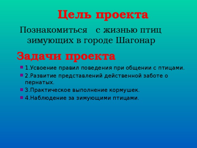 Цель проекта Познакомиться с жизнью птиц зимующих в городе Шагонар Задачи проекта 1.Усвоение правил поведения при общении с птицами. 2.Развитие представлений действенной заботе о пернатых. 3.Практическое выполнение кормушек. 4.Наблюдение за зимующими птицами. 