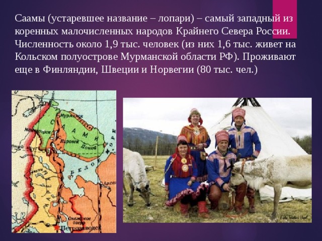 Саамы (устаревшее название – лопари) – самый западный из коренных малочисленных народов Крайнего Севера России. Численность около 1,9 тыс. человек (из них 1,6 тыс. живет на Кольском полуострове Мурманской области РФ). Проживают еще в Финляндии, Швеции и Норвегии (80 тыс. чел.) 