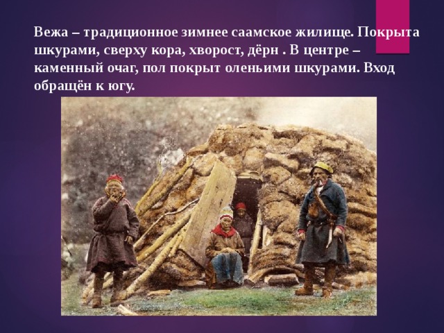 Вежа – традиционное зимнее саамское жилище. Покрыта шкурами, сверху кора, хворост, дёрн . В центре – каменный очаг, пол покрыт оленьими шкурами. Вход обращён к югу. 
