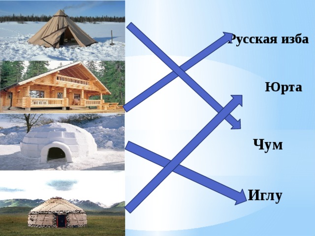   Русская изба  Юрта  Чум    Иглу   