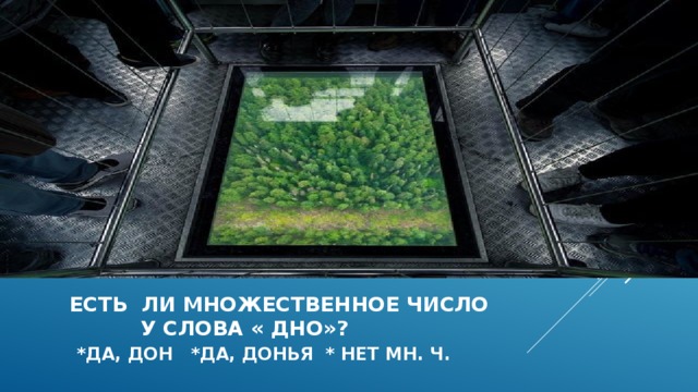  есть ли множественное число  у слова « ДНО»?   *да, дон *да, донья * нет мн. Ч. 