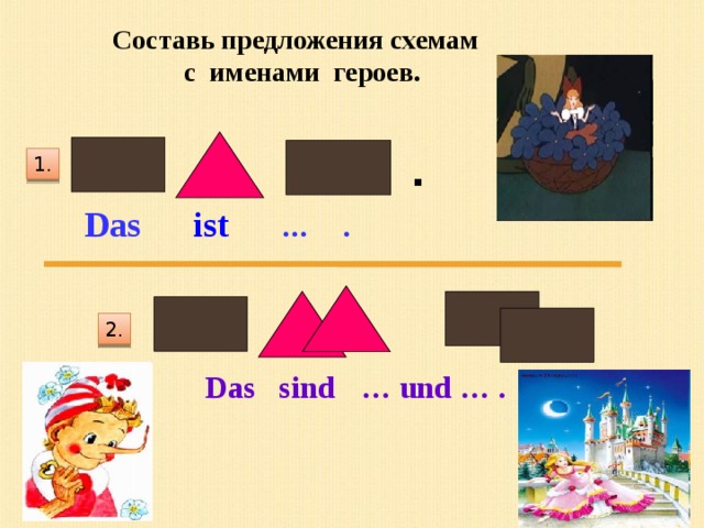 Составь предложения схемам с именами героев. . 1. Das ist  … . 2. Das sind  … und … . 