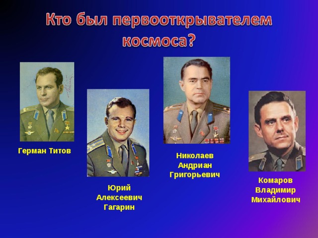 Герман Титов Николаев Андриан Григорьевич Комаров Владимир Михайлович Юрий Алексеевич Гагарин 