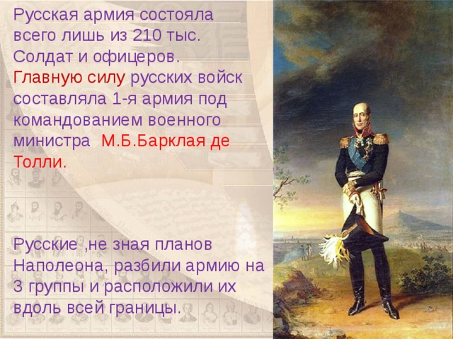 Русская армия состояла всего лишь из 210 тыс. Солдат и офицеров. Главную силу русских войск составляла 1-я армия под командованием военного министра М.Б.Барклая де Толли. Русские ,не зная планов Наполеона, разбили армию на 3 группы и расположили их вдоль всей границы. 