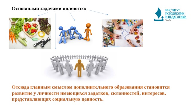 Основными задачами являются: Отсюда главным смыслом дополнительного образования становится развитие у личности имеющихся задатков, склонностей, интересов, представляющих социальную ценность. 