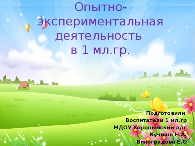 Опытно-экспериментальная деятельность  в 1 мл.гр. Подготовили Воспитатели 1 мл.гр МДОУ Хорошевский д/:с Кучияш Н.А. Виноградова Е.О 
