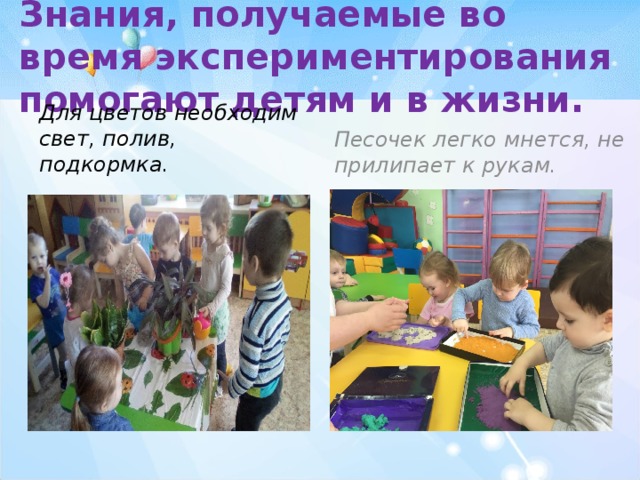 Знания, получаемые во время экспериментирования помогают детям и в жизни. Песочек легко мнется, не прилипает к рукам. Для цветов необходим свет, полив, подкормка. 