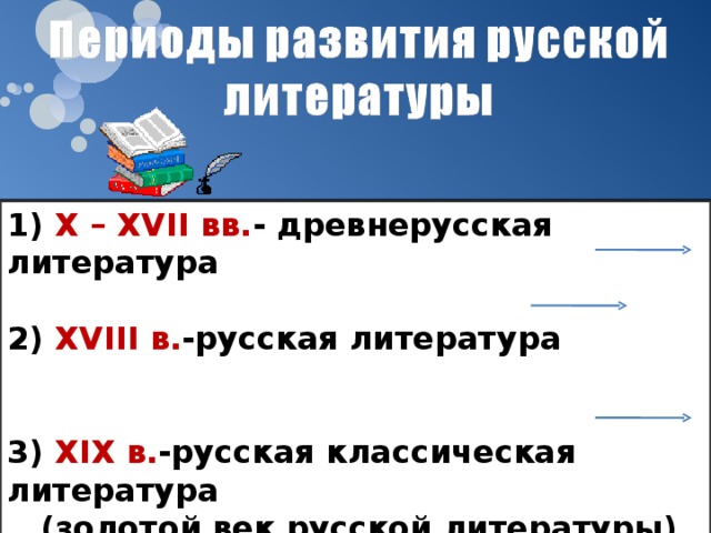 1)  X – XVII вв. - древнерусская литература    2)  XVIII в. -русская литература    3)  XIX в. -русская классическая литература  (золотой век русской литературы)  4) литература XX века 