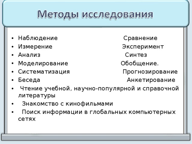 Наблюдение Сравнение Измерение Эксперимент Анализ Синтез Моделирование Обобщение. Систематизация Прогнозирование Беседа Анкетирование  Чтение учебной, научно-популярной и справочной литературы  Знакомство с кинофильмами  Поиск информации в глобальных компьютерных сетях   