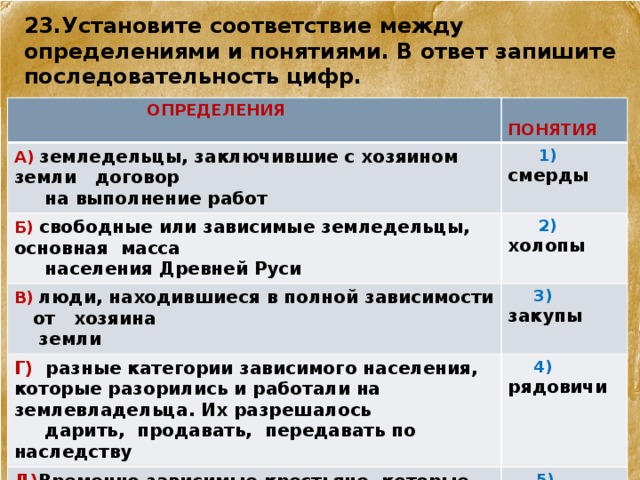 23.Установите соответствие между определениями и понятиями. В ответ запишите последовательность цифр.    ОПРЕДЕЛЕНИЯ  ПОНЯТИЯ А) земледельцы, заключившие с хозяином земли договор  на выполнение работ  1) смерды Б) свободные или зависимые земледельцы, основная масса  населения Древней Руси  2)  холопы В)  люди, находившиеся в полной зависимости от хозяина  земли Г) разные категории зависимого населения, которые разорились и работали на землевладельца. Их разрешалось  дарить, продавать, передавать по наследству  3) закупы  4) рядовичи Д) Временно зависимые крестьяне, которые заключили с землевладельцем договор(ряд) о найме, согласно которому  работали на него в хозяйстве  5) челядь   