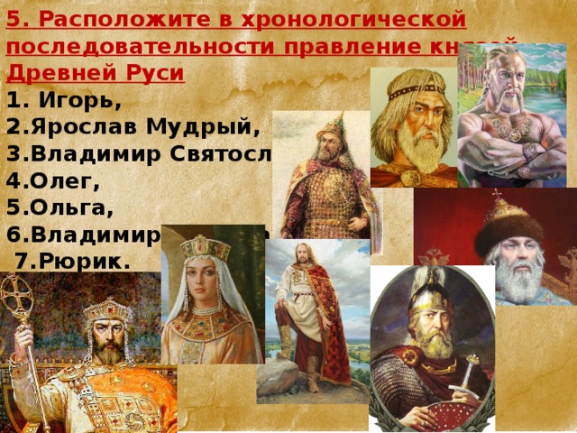 5. Расположите в хронологической последовательности правление князей Древней Руси 1. Игорь, 2.Ярослав Мудрый, 3.Владимир Святославич, 4.Олег, 5.Ольга, 6.Владимир Мономах,  7.Рюрик. 8. Святослав  
