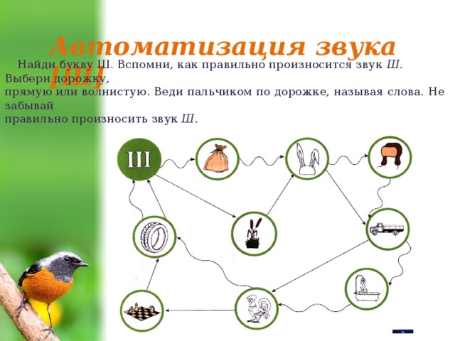 Автоматизация звука [Ш] Найди букву Ш. Вспомни, как правильно произносится звук Ш. Выбери дорожку,  прямую или волнистую. Веди пальчиком по дорожке, называя слова. Не забывай  правильно произносить звук Ш. 