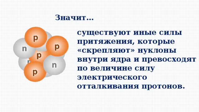 Значит… существуют иные силы притяжения, которые «скрепляют» нуклоны внутри ядра и превосходят по величине силу электрического отталкивания протонов. 