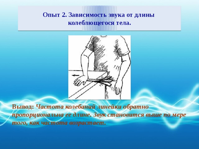 Опыт 2. Зависимость звука от длины колеблющегося тела. Вывод: Частота колебаний линейки обратно пропорциональна ее длине. Звук становится выше по мере того, как частота возрастает.