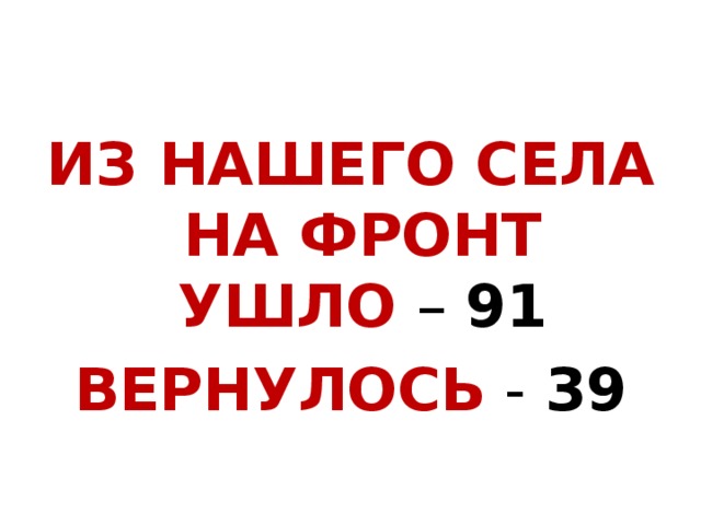ИЗ НАШЕГО СЕЛА НА ФРОНТ УШЛО – 91 ВЕРНУЛОСЬ - 39 