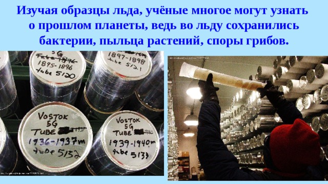 Изучая образцы льда, учёные многое могут узнать о прошлом планеты, ведь во льду сохранились бактерии, пыльца растений, споры грибов. 