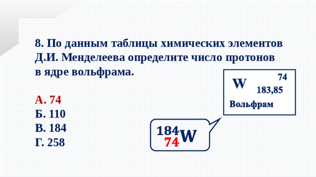8. По данным таблицы химических элементов Д.И. Менделеева определите число протонов в ядре вольфрама.  А. 74 Б. 110 В. 184 Г. 258   