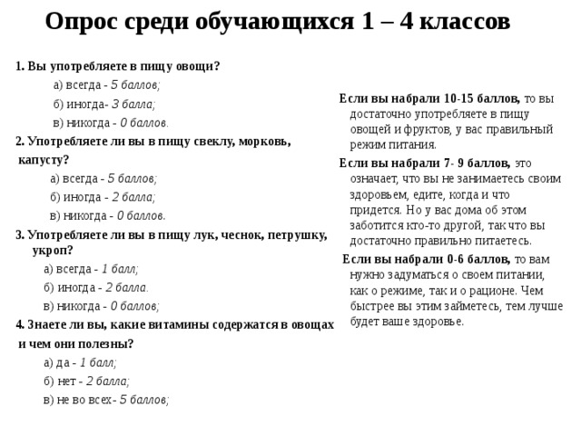 Опрос  среди обучающихся 1 – 4 классов   1. Вы употребляете в пищу овощи?  а) всегда - 5 баллов;  б) иногда - 3 балла;  в) никогда - 0 баллов. 2. Употребляете ли вы в пищу свеклу, морковь,  капусту?  а) всегда - 5 баллов;  б) иногда - 2 балла;  в) никогда - 0 баллов . 3. Употребляете ли вы в пищу лук, чеснок, петрушку, укроп?  а) всегда - 1 балл;  б) иногда - 2 балла.  в) никогда - 0 баллов; 4. Знаете ли вы, какие витамины содержатся в овощах  и чем они полезны?  а) да - 1 балл;  б) нет - 2 балла;  в) не во всех - 5 баллов;  Если вы набрали 10-15 баллов, то вы достаточно употребляете в пищу овощей и фруктов, у вас правильный режим питания.  Если вы набрали 7- 9 баллов, это означает, что вы не занимаетесь своим здоровьем, едите, когда и что придется. Но у вас дома об этом заботится кто-то другой, так что вы достаточно правильно питаетесь.  Если вы набрали 0-6 баллов, то вам нужно задуматься о своем питании, как о режиме, так и о рационе. Чем быстрее вы этим займетесь, тем лучше будет ваше здоровье.  