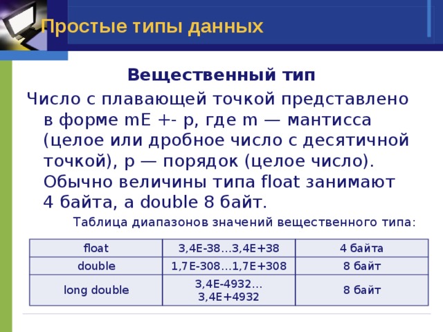 Простые типы данных Вещественный тип Число с плавающей точкой представлено в форме mE +- p, где m — мантисса (целое или дробное число с десятичной точкой), p — порядок (целое число). Обычно величины типа float занимают  4 байта, а double 8 байт. Таблица диапазонов значений вещественного типа: float double 3,4E-38…3,4E+38 4 байта 1,7E-308…1,7E+308 long double 8 байт 3,4E-4932…3,4E+4932 8 байт 