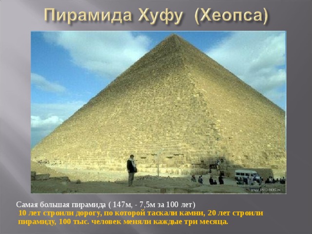 Самая большая пирамида ( 147м, - 7,5м за 100 лет)  10 лет строили дорогу, по которой таскали камни, 20 лет строили  пирамиду, 100 тыс. человек меняли каждые три месяца. 