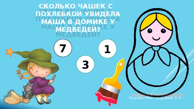 Сколько чашек с похлебкой увидела маша в домике у медведей? 7 1 3 Разработчик. Андреева Е.Н. 