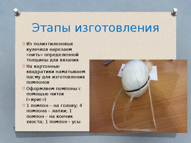 Этапы изготовления Из полиэтиленовых кулечков нарезаем «нить» определенной толщины для вязания На картонные квадратики наматываем пасму для изготовления помпонов Оформляем помпоны с помощью ниток («ирис») 1 помпон – на голову; 4 помпона – лапки; 1 помпон – на кончик хвоста; 1 помпон - усы 